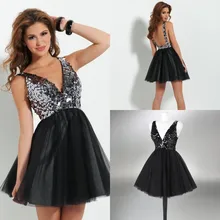 2017 Sexy Schwarz Backless Mini Homecoming Kleid Tiefe v-ausschnitt Pailletten Tüll Kurzen Ballkleid Kleid Echt Bild 4251003