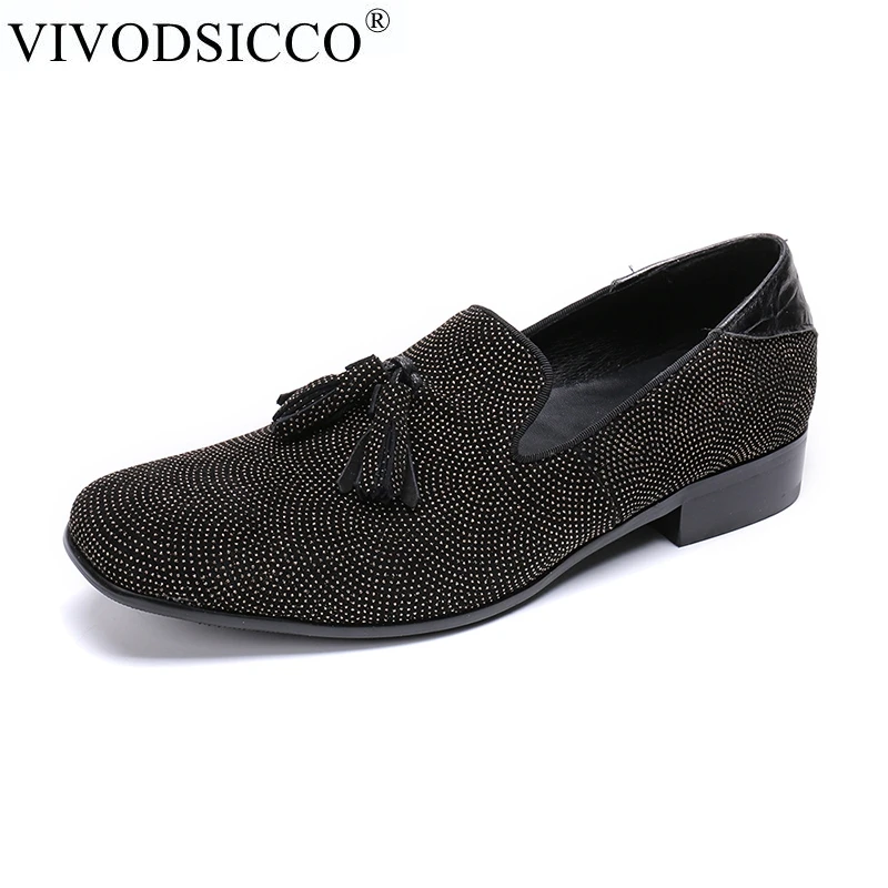 VIVODSICCO Men Loafers Gold and Black Diamond Rivets Surface Design