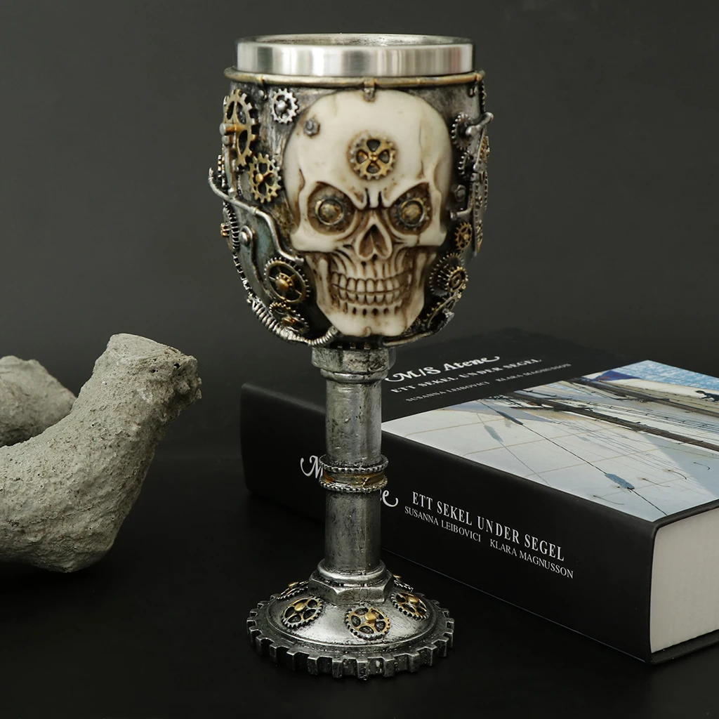 3D Gothic Skull Cup Stainless Steel Resin Skeleton Design for Bar Party Home Wine Goblet Cups Decor Crafts