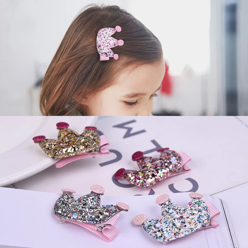 

M MISM 2PCS New Fashion Sequin Crown Ribbon Hair Clips Lovely Cute Shining Hair Clamps Accessories For Children Party Birthday