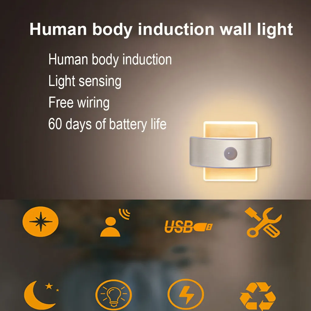 

Induction LED Portable Wireless Cabinet Night Light Motion PIR Sensor Closet Under Lamp USB Gece Lambası Make The Home Warmer