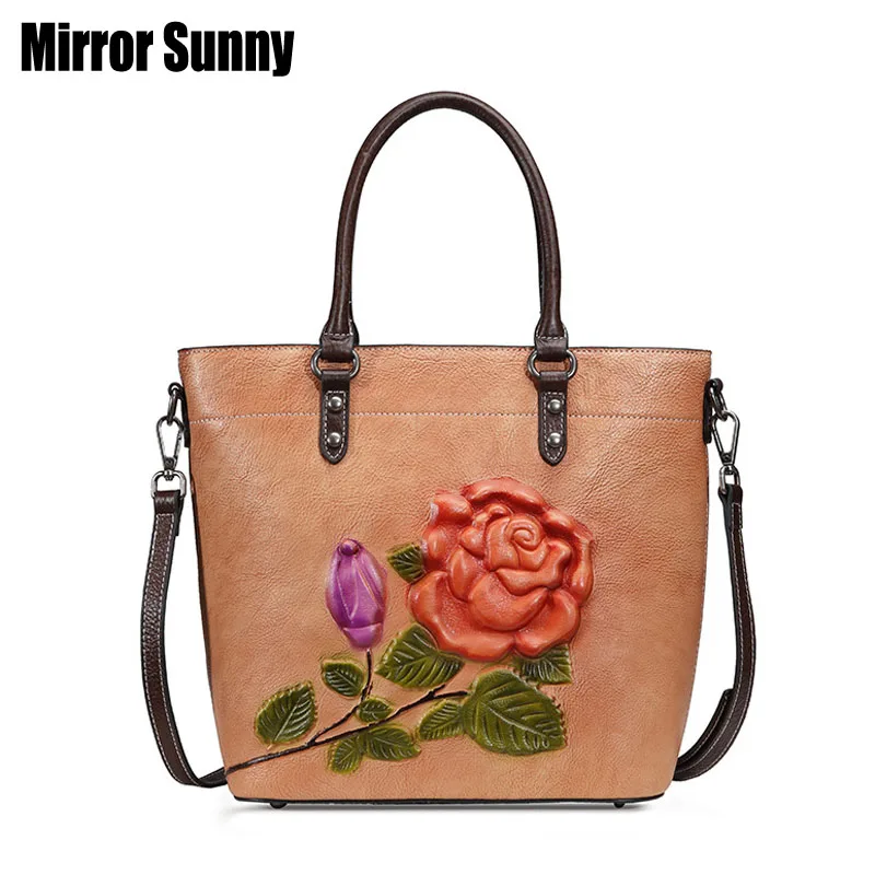 

Genuine Leather Handbags Head Layer Cowhide Women's Handbag Retro Portable Shoulder Messenger Bags For Peony Leather Bucket Bags