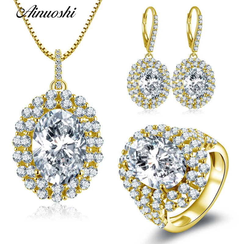 

AINUOSHI 10K Solid Yellow Gold Jewelry Set Oval Cut Big Stone Pendant Halo Ring Drop Earring Luxurious Wedding Women Jewelry Set