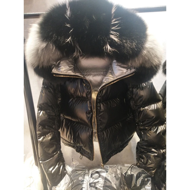 

2019 Winter Jacket Women Real Fur Collar Silver Golden Duck Down Coat Double Sided Hooded Parkas Waterproof Zipper Outerwear