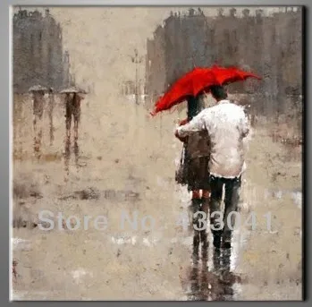 Two Lovers Walking In The Rain Under Red Umbrella Handmade Oil Painting On Canvas Modern Wall Art Landscape For Home Decor | Дом и сад
