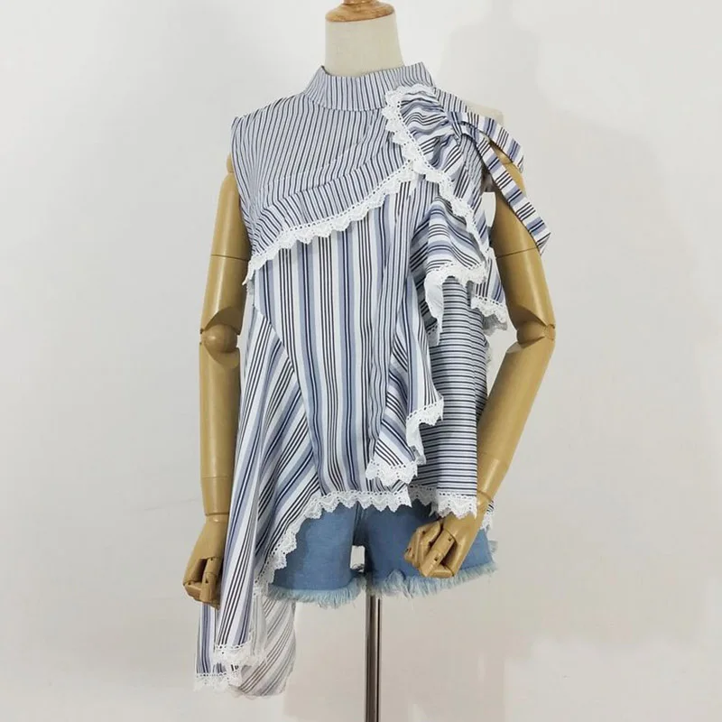 

PERHAPS U asymmetrical ruffle sleeveless tank tops striped chiffon patchwork lace chic tops women female B0423