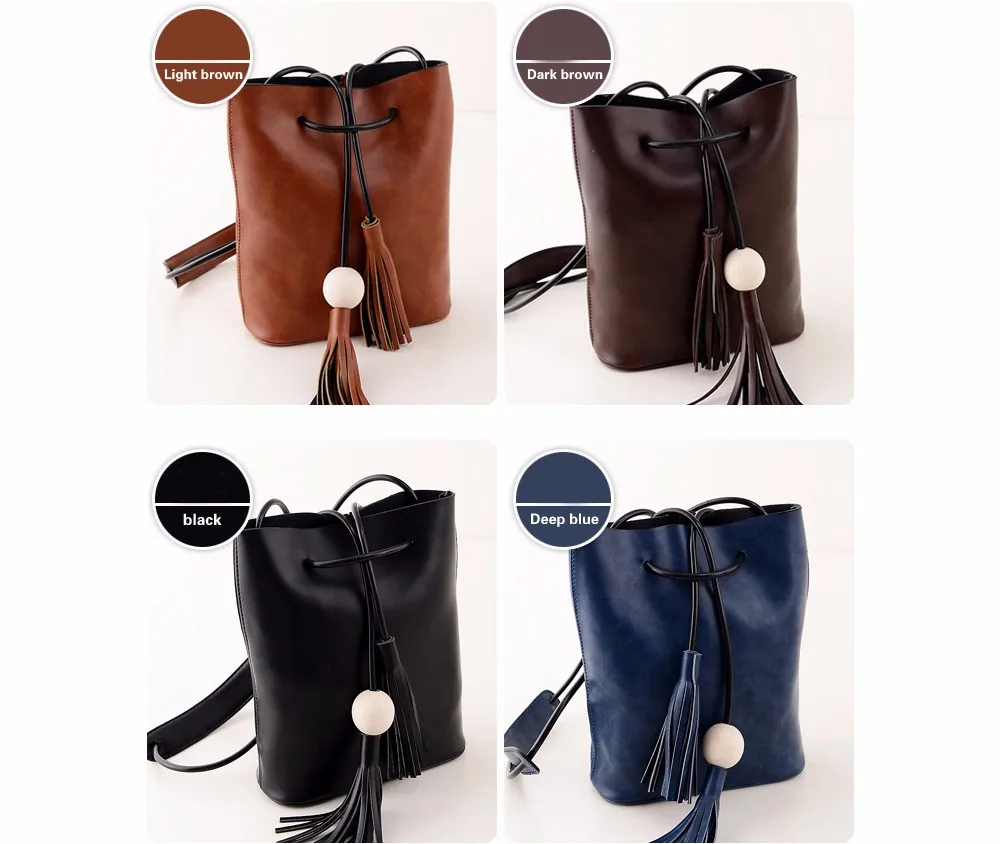 Vintage Tassel Fringe White Ball Bucket Bag For Women Female Messenger Bag Shoulder Bag String Casual Quality Leather New 2014 1