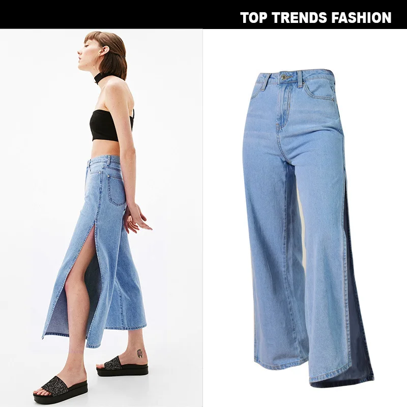 Europe America Fashion Women High waist double slit Jeans plus size Light Blue Wide Leg trousers Loose Pants | Женская одежда