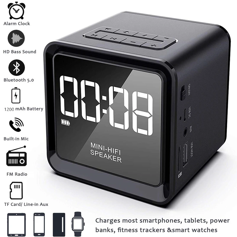 Dosmix Bluetooth V5.0 будильник с динамиком с FM радио для возрастов от 4 до 8 лет/часов воспроизведения 1200 мА/ч, Батарея можно заряжать телефон с дисплеем