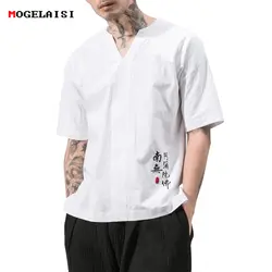 Новый китайский стиль белая рубашка мужские летние льняные хлопок вышивка с коротким рукавом мужской большие размеры свободные рубашки