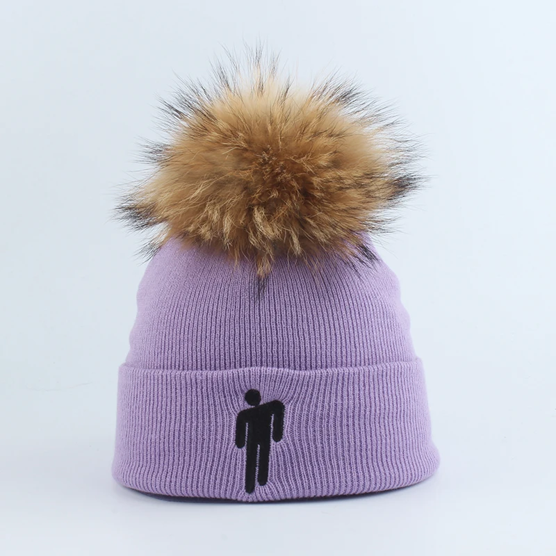 Новая мода Billie Eilish Beanie Hat Женская Мужская зимняя шапка настоящая шапка с меховым помпоном Harajuku Хип-хоп Skullies Beanies