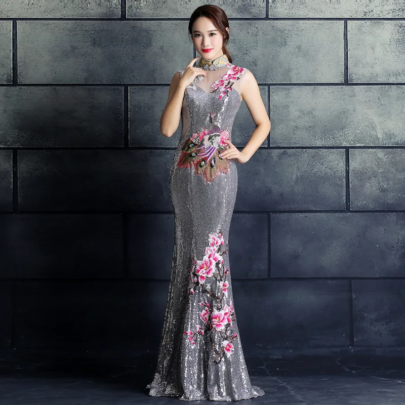 Вышивка Cheongsam длинное китайское Восточное вечернее платье элегантные платья принцессы красные Qipao Свадебные Летние женские сексуальные цветы