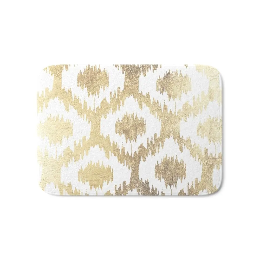 Modern White Hand Drawn Ikat Pattern Faux Gold Bath Mat Entrance Door