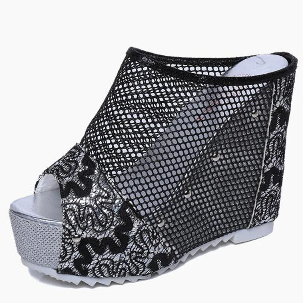 

Woman Peep Toe Slippers Women's Slides Sexy Lace Mesh Super High Platform Heels Summer Wedge Sandals Shoes Flip Flops