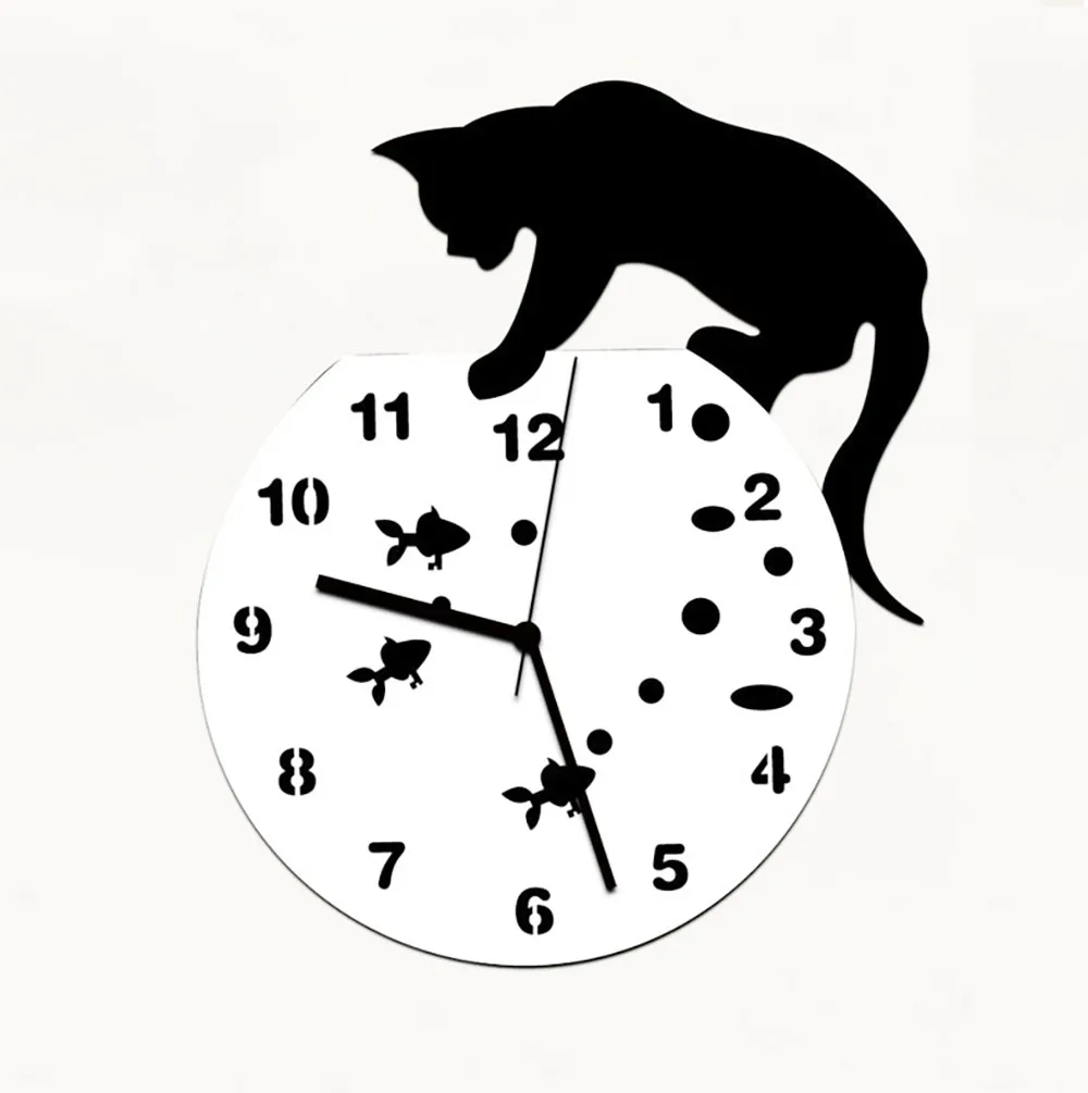 3D домашний декоративный акрил настенные часы кошка и рыба дизайн большие часы кварцевые часы с котами гостиная декоративные часы
