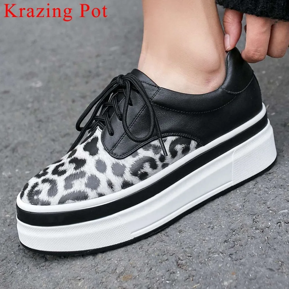 

2019 mixed colors leopard round toe lace up genuine leather thick high bottom platform sneakers ventilated Vulcanized shoes L6f8
