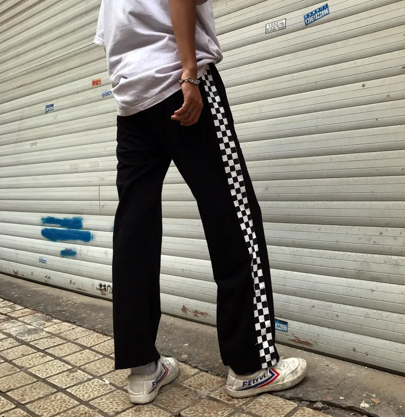 Харадзюку Свободные шахматные Штаны унисекс панк черные белые высокие уличные длинные брюки