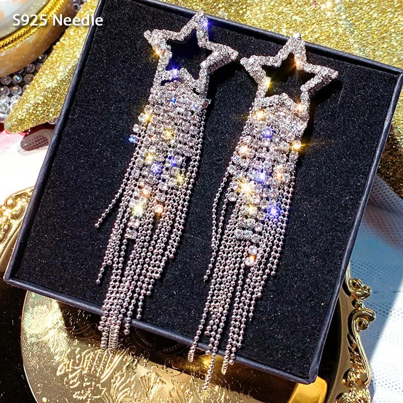 

Real 925 Sterling Silver Needle Long Dangle Earrings for Women Jewelry Bling Star Rhinestone Statement Drop Tassel Earrings