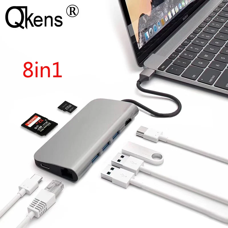 

8 in 1 USB 3.1 Type C to USB 3.0 HUB 4K HDMI TV HDTV 1000Mbps Gigabit Ethernet Lan RJ45 Wired Cable Adapter SD TF Card Reader