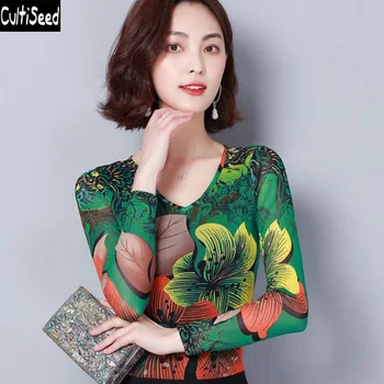 

20 Colors Women T-Shirt Tops 2020 Spring Female Print Long Sleeve T-shirt Tees New Elastic Mesh Slim tshirt Plus Size Tops