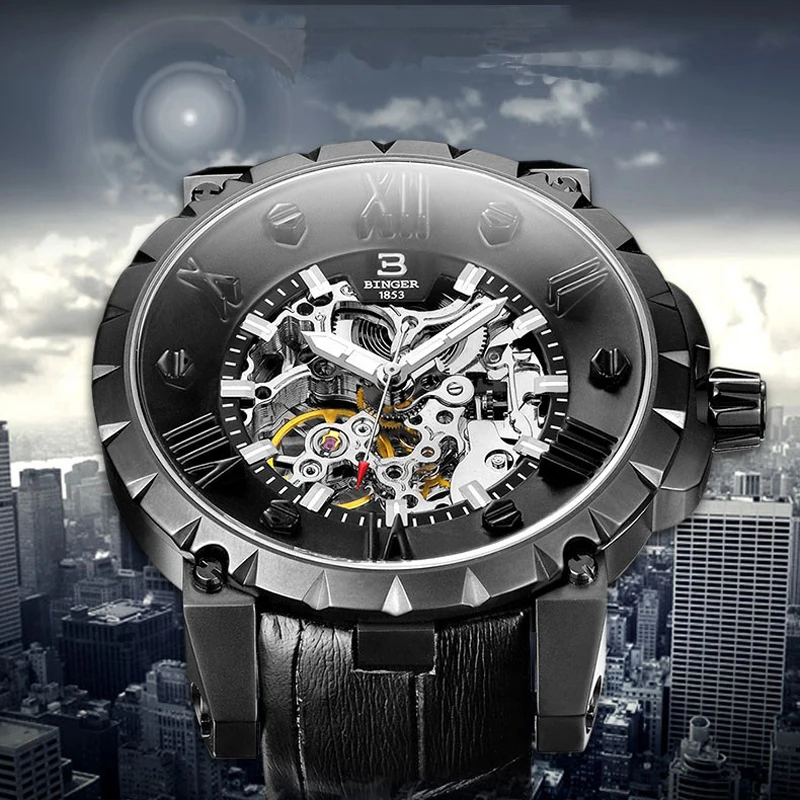 

Switzerland Mens Waterproof 100M Watch Automatic Mechanical Watch Men Leather Strap Top Brand Steampunk Self Winding Clock