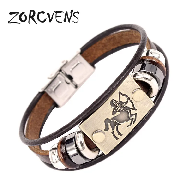 ZORCVENS 2021 New Fashion 12 Constellation Signs Bracelets Bangles Stainless Steel Leather Bracelet for Men | Украшения и