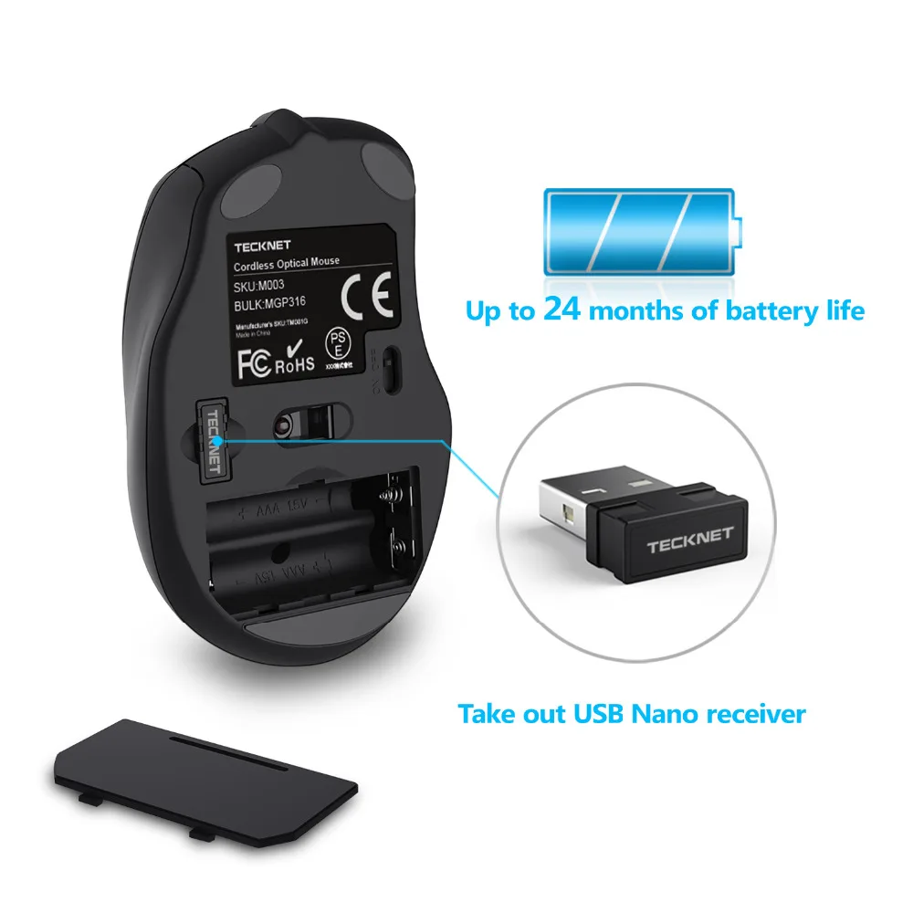 TeckNet Pro 2.4GHz Wireless Mouse Nano Receiver Ergonomic Mice 6 Buttons 2400DPI 5 Adjustment Levels for Computer Laptop Desktop