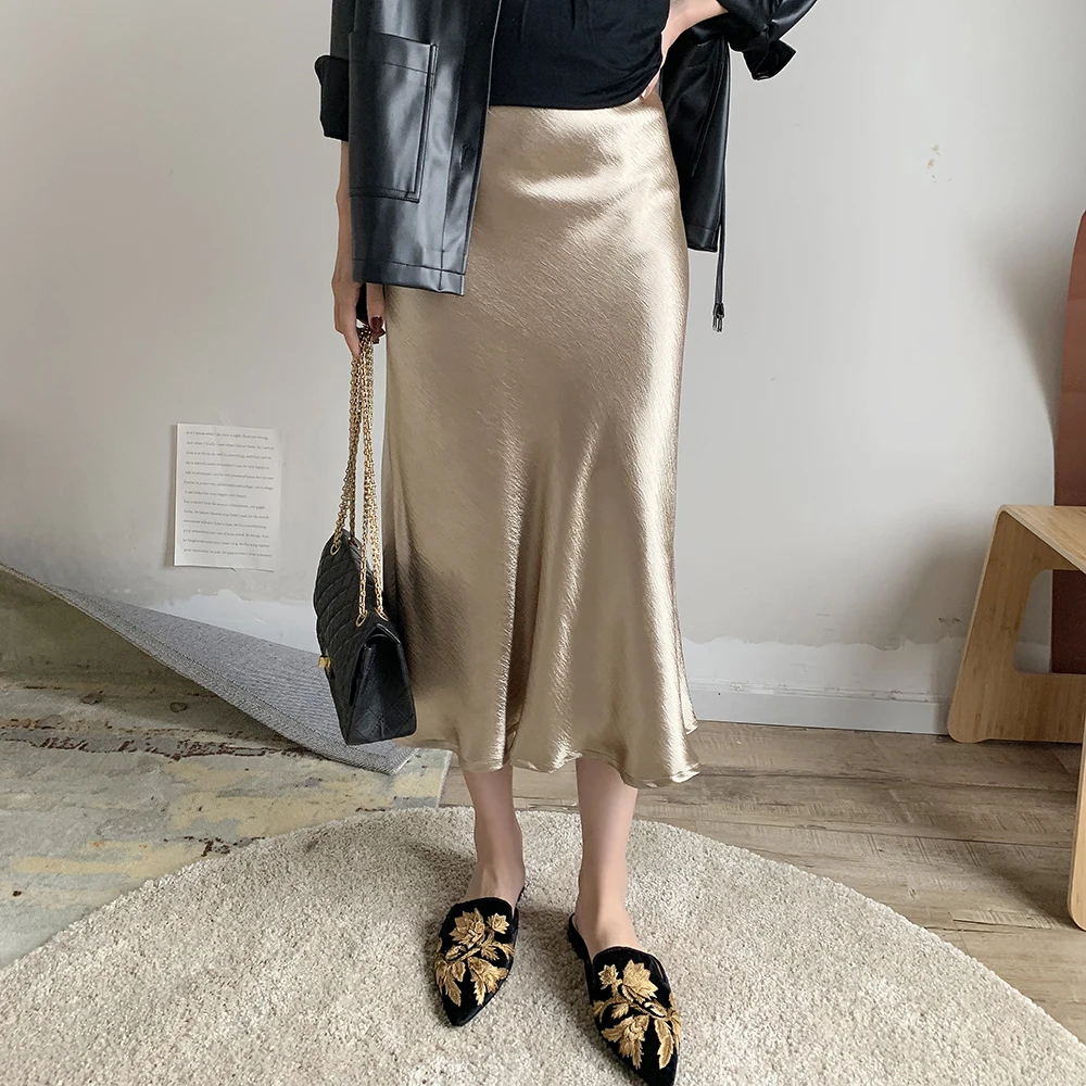 

Bella Philosophy Self Design Summer glossy satin trumpet high waist skirt Silver gold long skirt Metallic Color party skirt