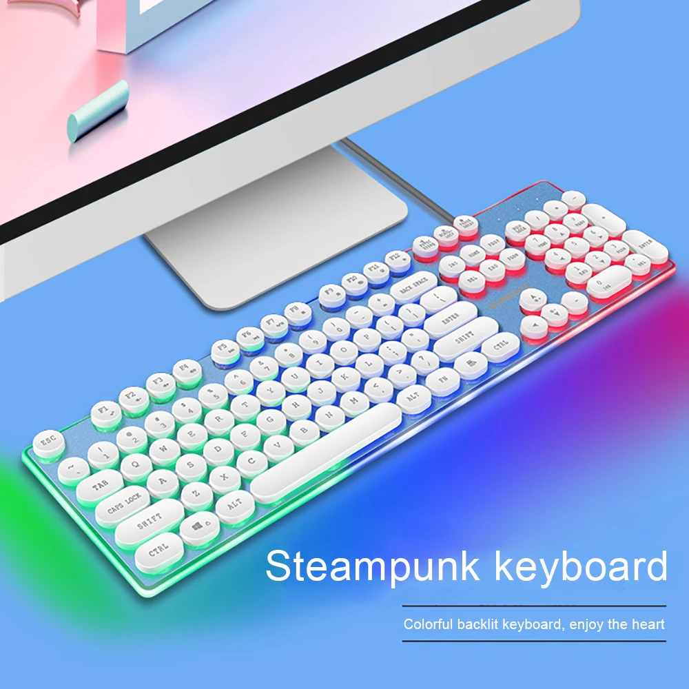 

3 Colors Gaming Keyboard 104 keys Retro Round Glowing Keycap Backlit USB Wired Illuminated Border Waterproof for Tablet Desktop