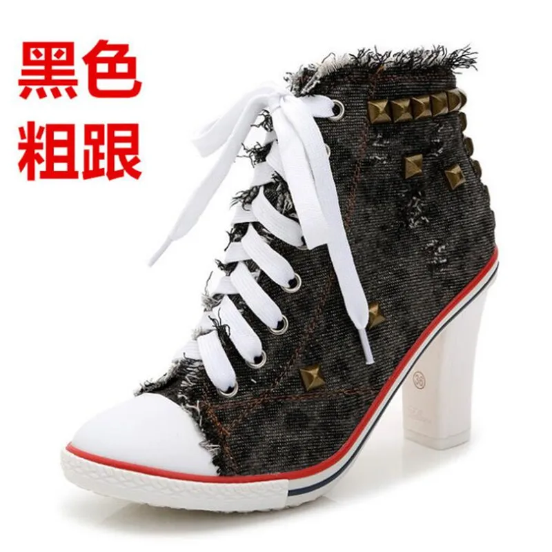 Womens Rivet Denim Canvas Stilettos Shoes High Heels Lace Up Sneakers Lit01 Womens Rivet Denim Canvas Stilettos Shoes High Heels Lace Up Sneakers Lit01