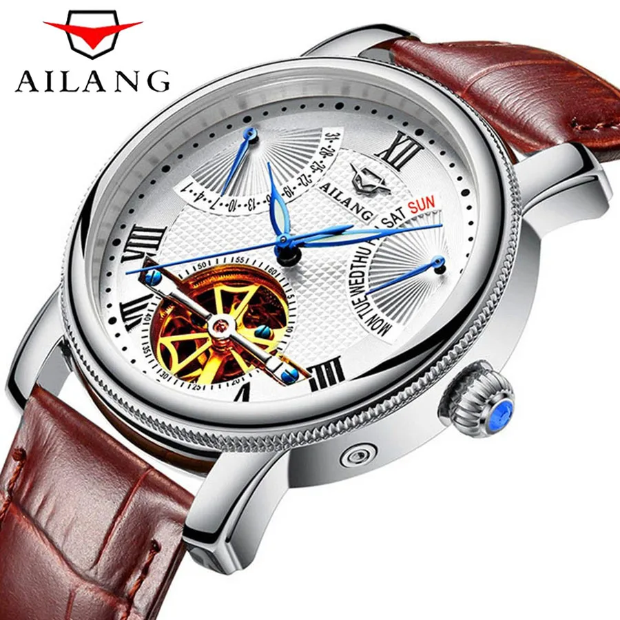 Механические часы AILANG Skeleton Tourbillon мужские классические автоматические с кожаным