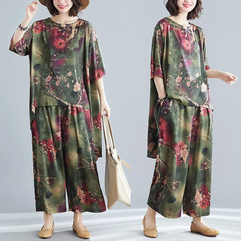 

2019 female new summer plus size Medium long imitation silk top + loose nine-point pants two piece set