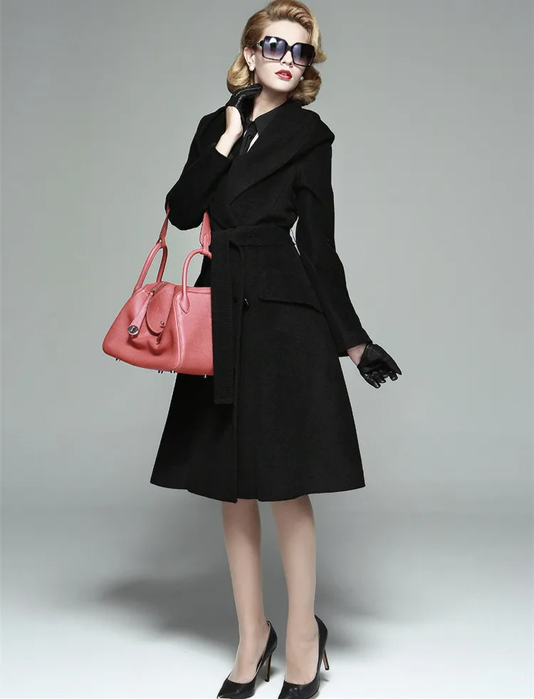 

20- winter women vintage 50s wool long swing hooded coat in black plus size casaco feminino coats abrigos de mujer elegantes