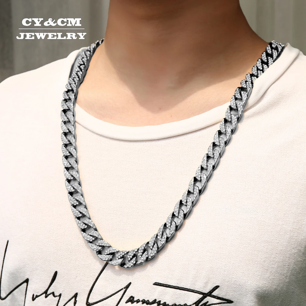 

13mm Mens Miami Cuban Link Chain Necklace Full Bling Bling Iced Out Rhinestone Silver Gold Color Fashion Jewelry Rapper Necklace