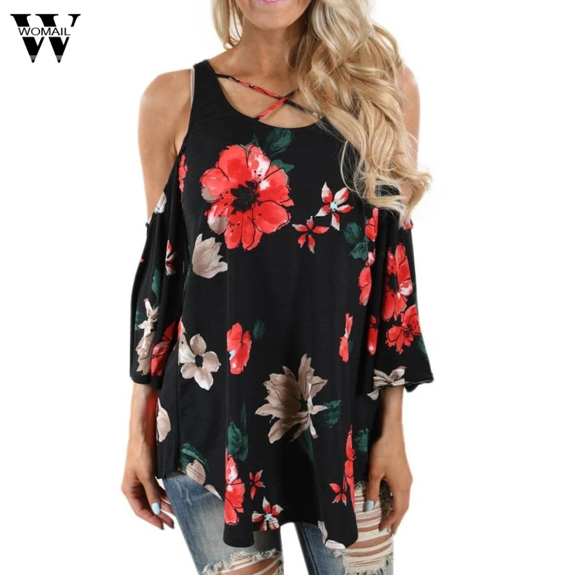 

2019 Women Floral Print top Three Quarter Sleeve Off Shoulder Blouse MAR9