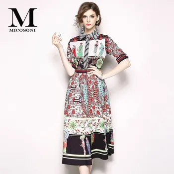 

2019 Summer New European High Quality Women's Dress In The Sleeve Lapel Single-breasted Vintage Printed Elegant Dress Plus Size