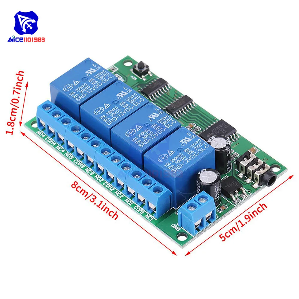 AD22B04 4-Канальный Релейный MT8870 DTMF тон декодер сигналов дистанционного Управление триггерный релейный модуль, работающего на постоянном токе 12 В для PLC умного дома с 3,5 мм кабель