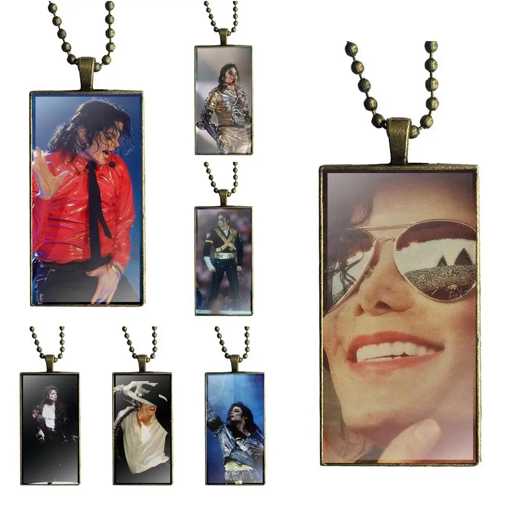 

Super Star Michael Jackson For Unisex Fashion Glass Cabochon Pendant Necklace Women Bronze Color Choker Rectangle Necklace