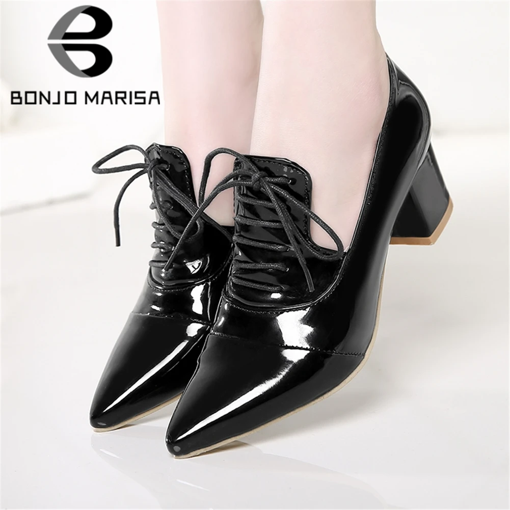

BONJOMARISA 2019 plus Size 31-45 whosale elegant women black high heels pumps patent pu pointed toe office lady shoes woman