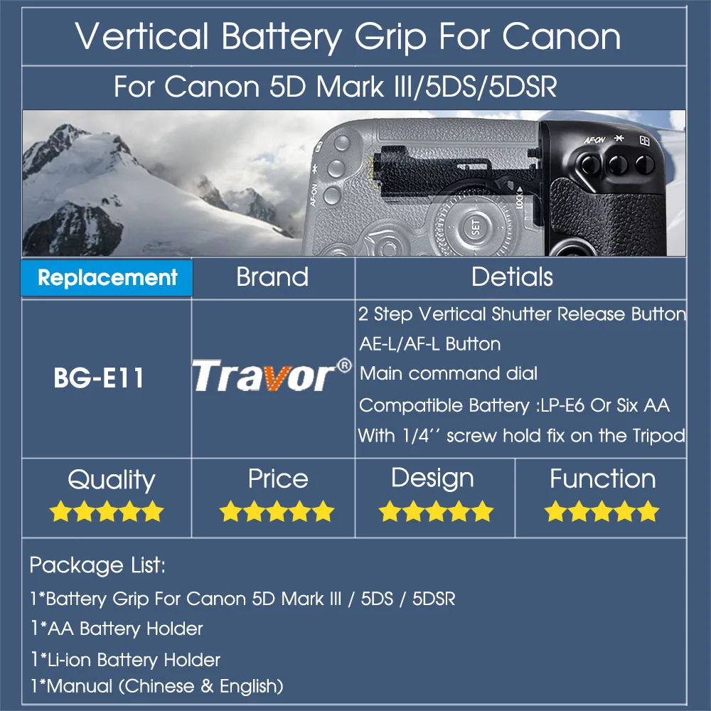 Travor Профессиональный Батарейная ручка для Canon 5D3 5diii 5dmark III 3 5DS 5DSR как BG-E11
