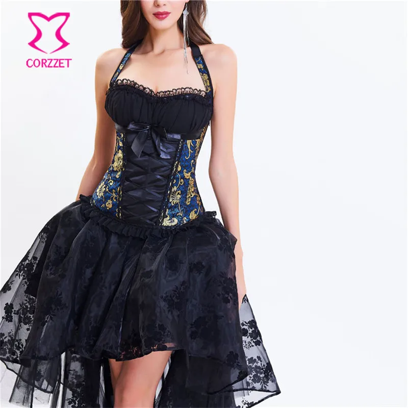 Blue Floral Brocade Halter Sexy Corset Dress Victorian Steampunk Dress Gothic Clothing Corsets And Bustiers Burlesque Outfit Blue Floral Brocade Halter Sexy Corset Dress Victorian Steampunk Dress Gothic Clothing Corsets And Bustiers Burlesque Outfit