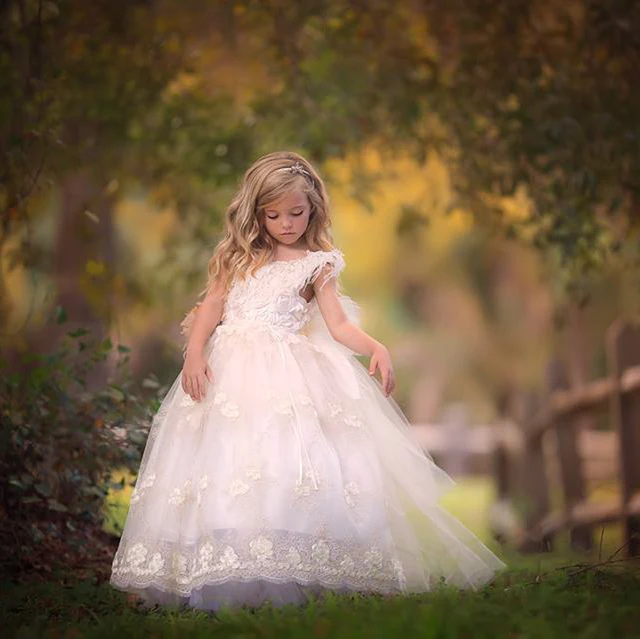 Cheap New Arrival Little Girls' Party Dresses One Shoulder Lace Flowers Feathers Hand Made Flowers Ankle Length Flower Girls' Dresses