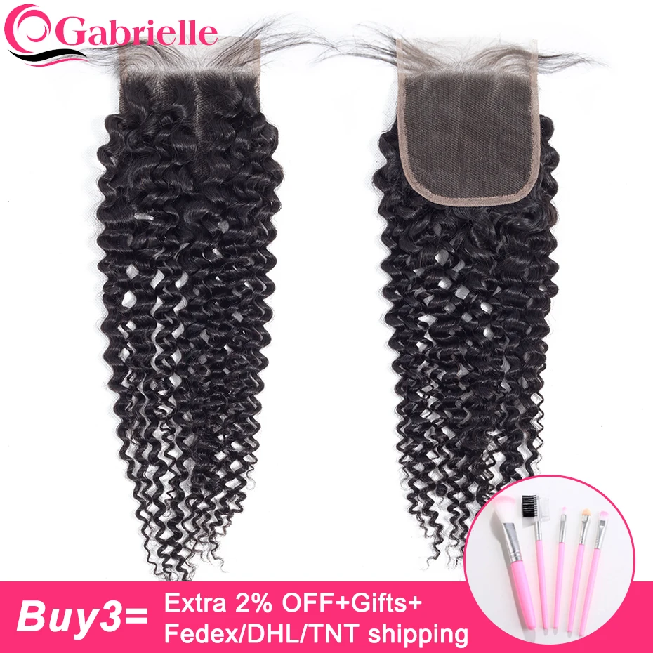 

Gabrielle Brazilian Human Hair Kinky Curly Closure 4x4 Free/Middle/Three Part Non Remy Swiss Lace Closure Natural Black Color