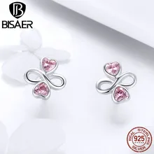 BISAER 925 пробы серебряный розовый клевер сердце с бесконечностью маленькие серьги гвоздики для женщин модные серьги клевер ювелирные изделия ECE455