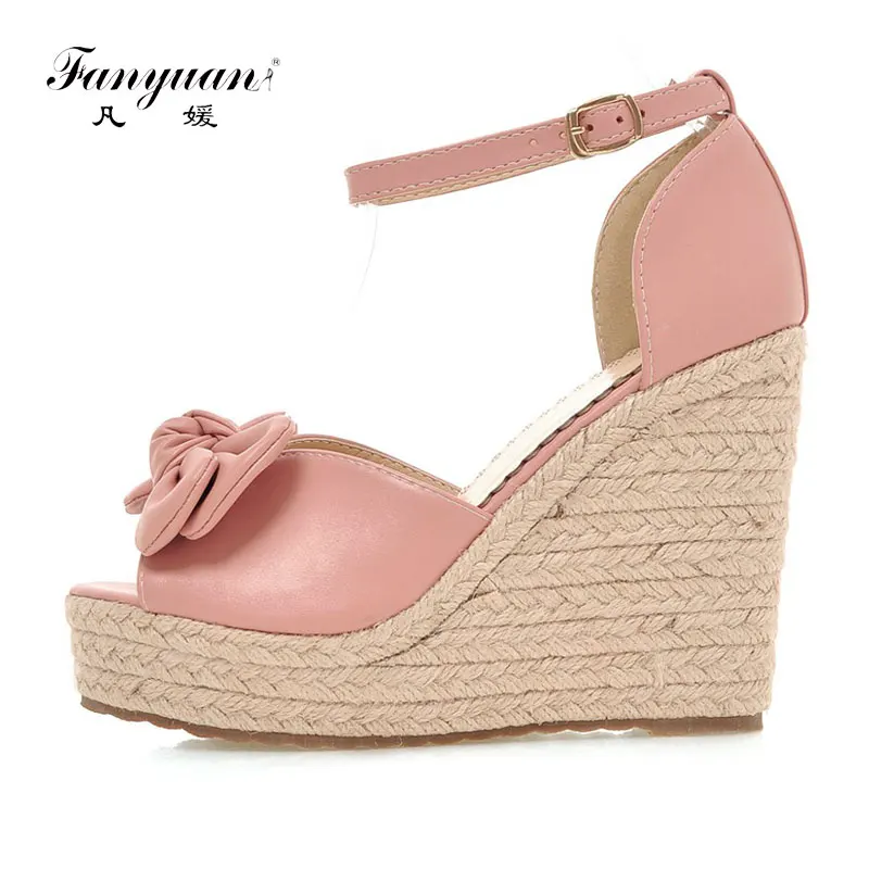 

Fanyuan Summer shoes woman fashion Wedge Sandals Peep toe high Heels Platform Sandals bride Wedding sweet Bow-knot White shoes