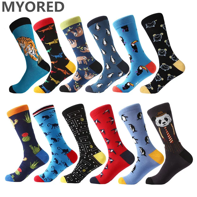 

MYORED 12pairs/Lot men's socks combed cotton cartoon animal tiger harajuku cool long socks big size colorful dress for men women