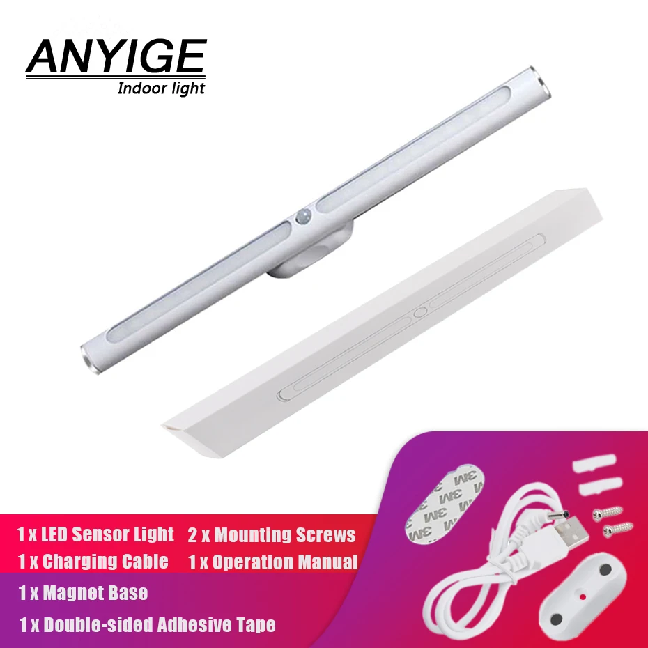 Rechargeable USB LED Under Cabinet Light PIR Motion Sensor Bar LED ...