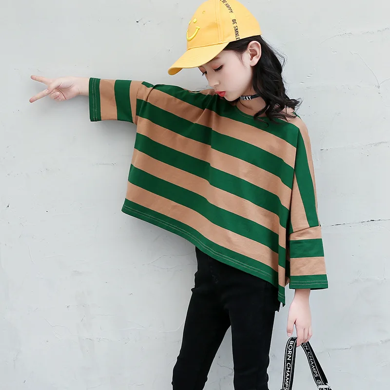 

2018 New Spring Autumn Girls Clothes Stripe Bat Sleeve T-shirt Fashion Children Clothing Teenage Shirt Tops 4 6 8 10 12 13 Years