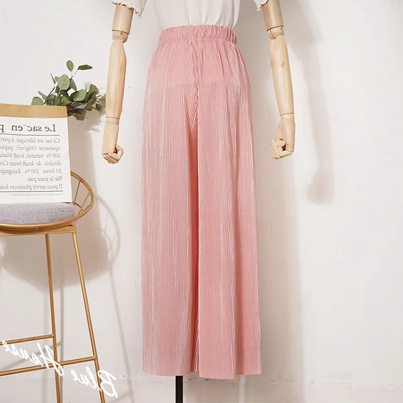 Летние Плиссированные Женские штаны, цветные яркие шелковые шифоновые плиссированные широкие штаны с высокой талией, шифоновые брюки для отдыха - Цвет: pink