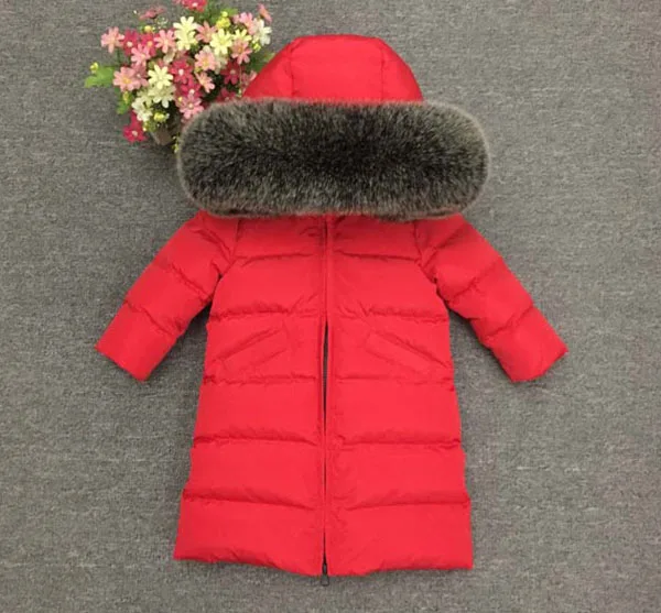 Новая плотная одежда для маленьких мальчиков и девочек, длинный пуховик с воротником из натурального меха животных - Цвет: red fox fur